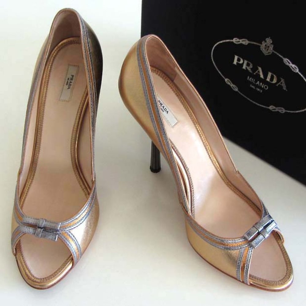 PRADA jeweled heel gold peep-toe pumps 40 / 10 US - Picture 3 of 8